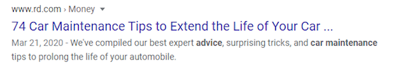 Google result of a blog about car maintenance tips.